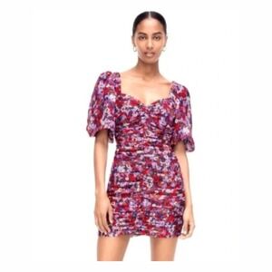 Zara Dress Women's Sz XS Floral Print Ruched Mini Balloon Puff Sleeves